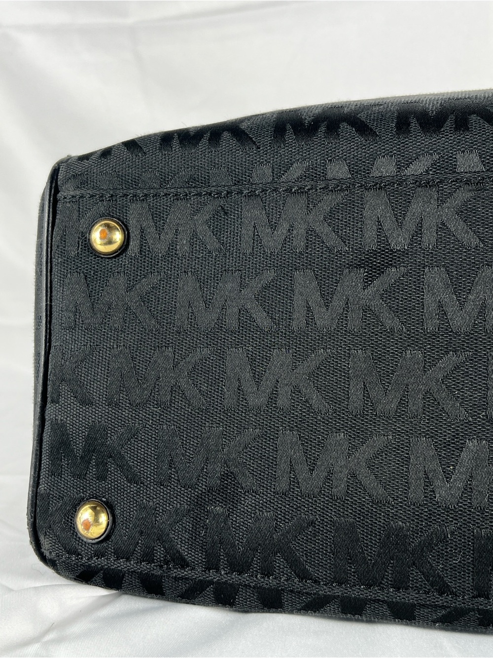Michael Kors Black MK Signature Jacquard Satchel Bowler Bag Leather Trim Large - Picture 13 of 16